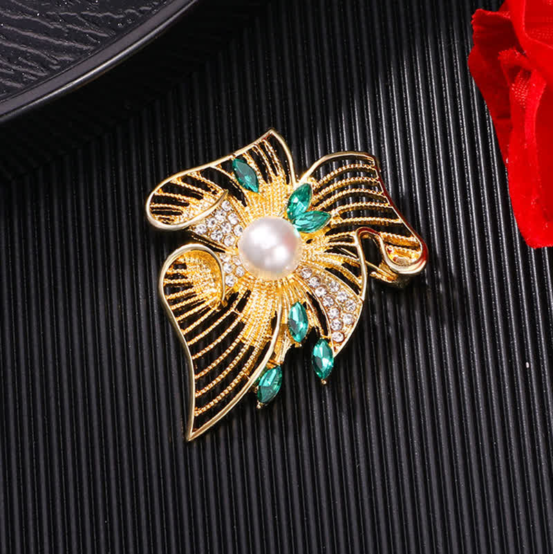 Women's Gold Hollow Leaf Pearl Rhinestone Brooch