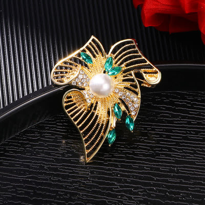 Women's Gold Hollow Leaf Pearl Rhinestone Brooch