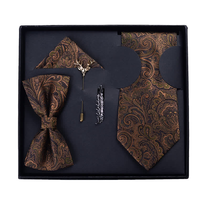 5Pcs Men's Dark Brown & Black Paisley Bow Ties Gift Box