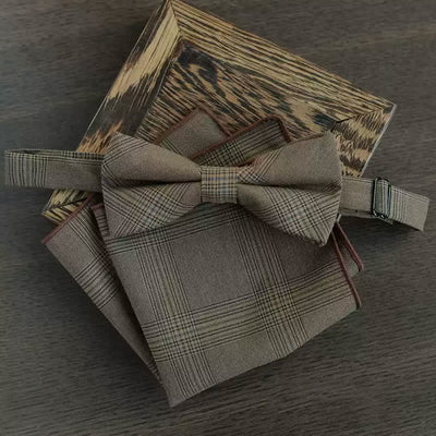 5Pcs Men's Vintage Coffee Brown Plaid Bow Ties Gift Box