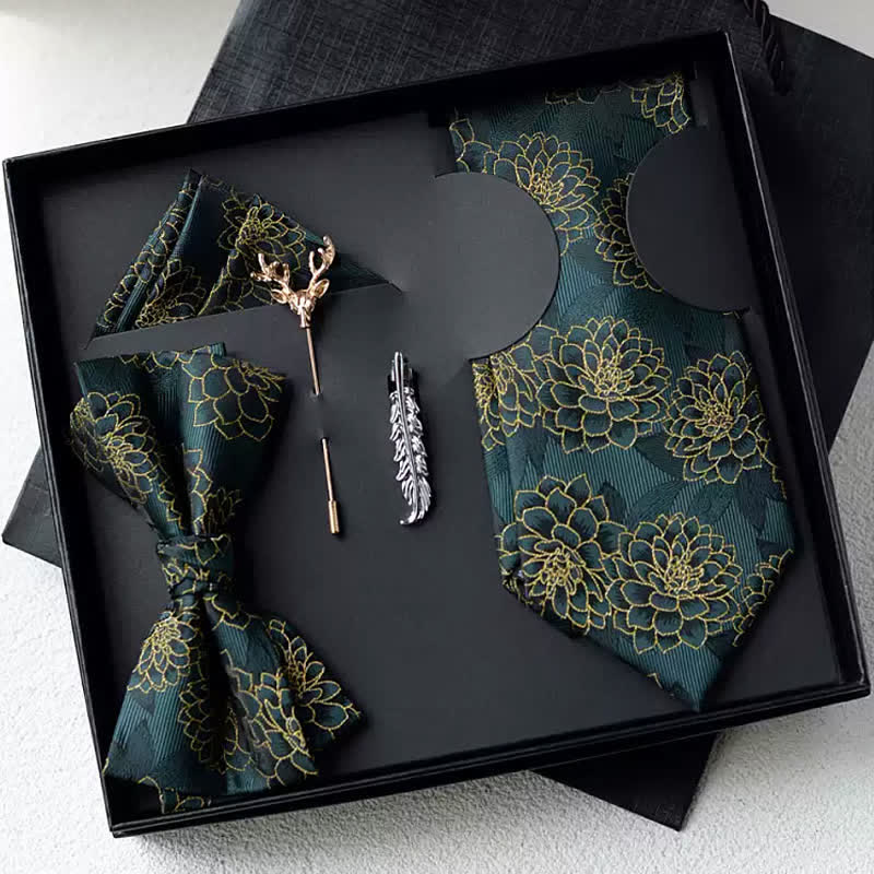 5Pcs Men's Dark Green Daisy Floral Bow Ties Gift Box