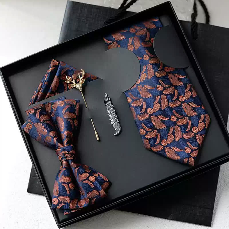 5Pcs Men's White / Orange Feather Print Navy Bow Ties Gift Box