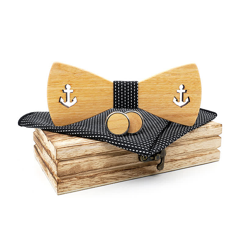 3Pcs Men's Hollow Boat Anchor Wooden Bow Tie Set