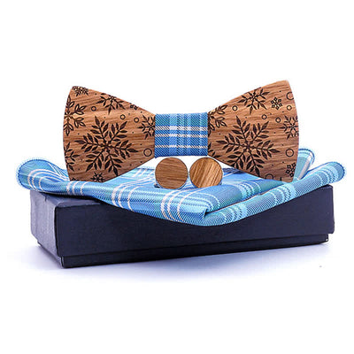 3Pcs Men's Winter Snowflakes Print Wooden Bow Tie Set