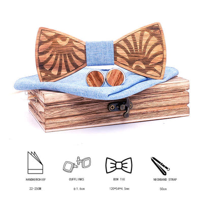 3Pcs Men's Dandelion Carved Solid Wooden Bow Tie Set