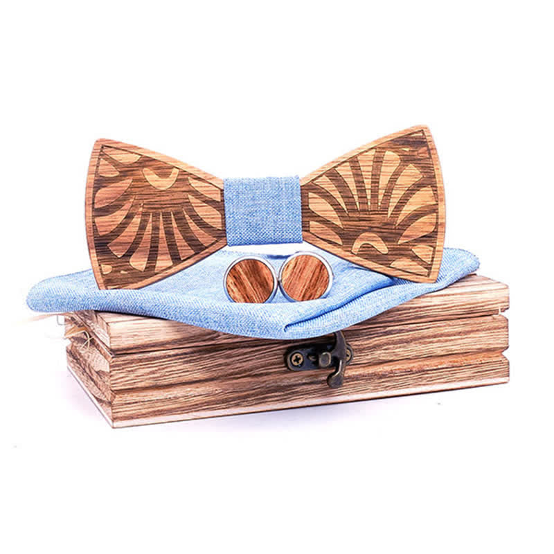 3Pcs Men's Dandelion Carved Solid Wooden Bow Tie Set