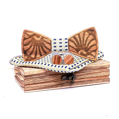 3Pcs Men's Dandelion Carved Solid Wooden Bow Tie Set