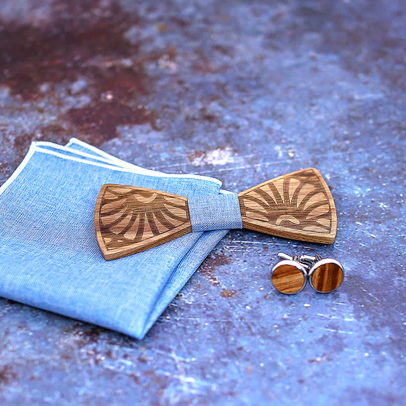 3Pcs Men's Dandelion Carved Solid Wooden Bow Tie Set