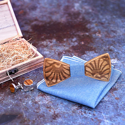 3Pcs Men's Dandelion Carved Solid Wooden Bow Tie Set