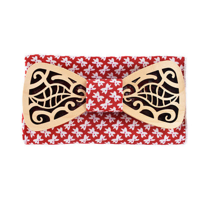 2Pcs Men's Openwork Carved Leaves Wooden Bow Tie Set