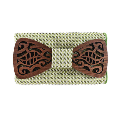 2Pcs Men's Openwork Carved Leaves Wooden Bow Tie Set