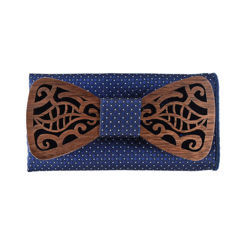 2Pcs Men's Openwork Carved Leaves Wooden Bow Tie Set