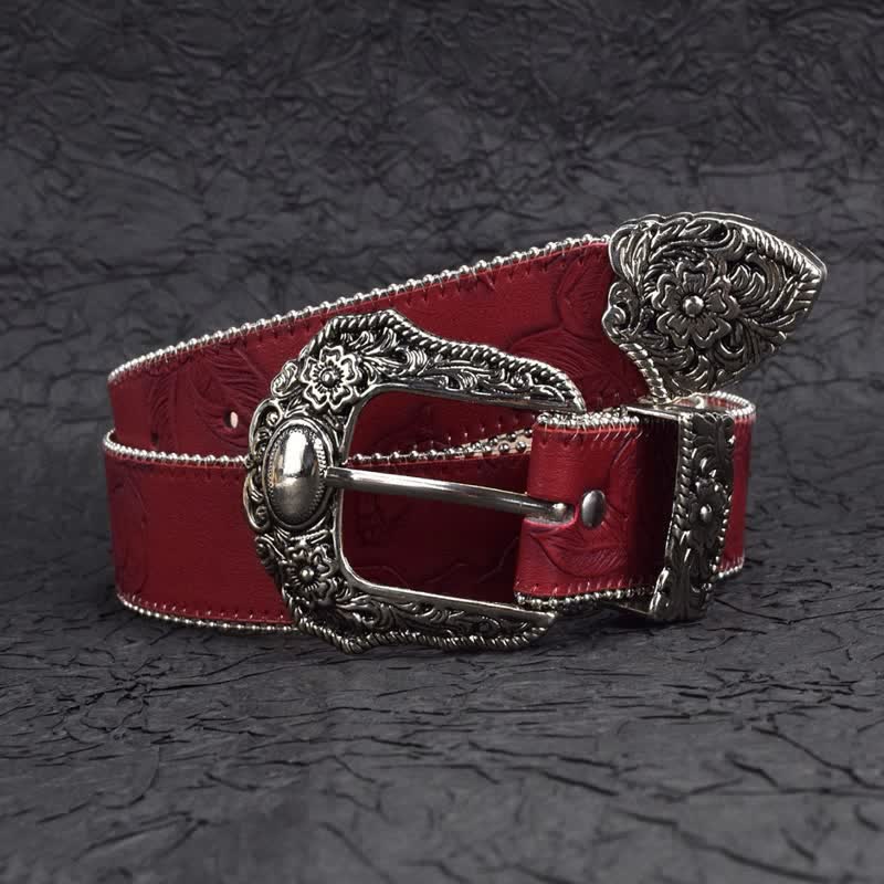 Women's Vintage-Style Dark Red Chain Beaded Leather Belt