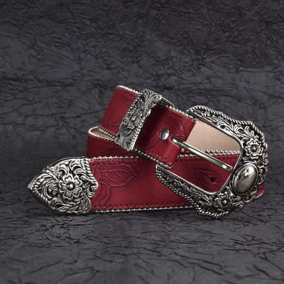 Women's Vintage-Style Dark Red Chain Beaded Leather Belt