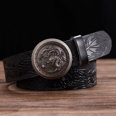 Men's Dragon Prints Round Automatic Buckle Leather Belt