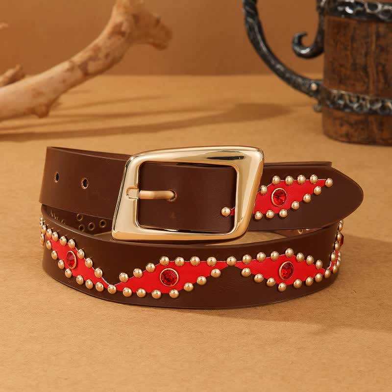 Women's Brown Bohemian Riveted Diamond Striped Leather Belt