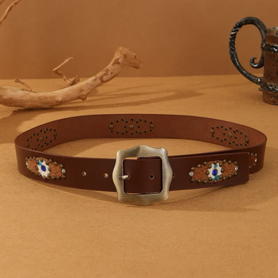 Women's Chocolate Spliced Animal Print Rivets Leather Belt