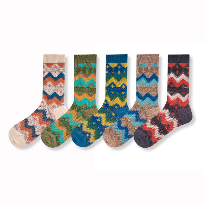 Bright Tribal Wave Pattern Cotton Crew Socks