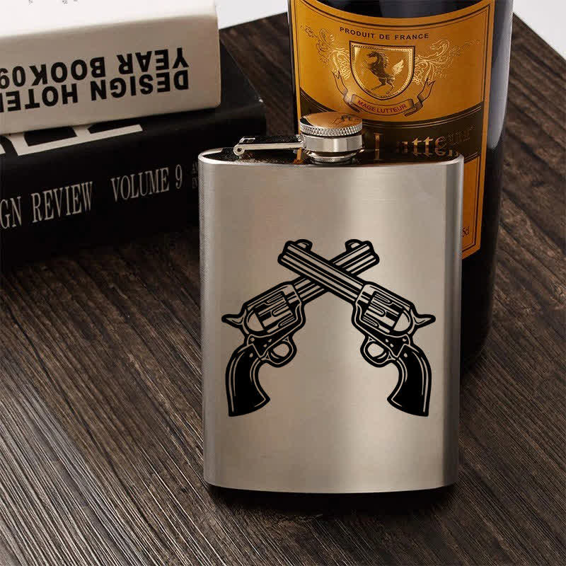 2-10 oz Crossed Pistols Laser Pattern Stainless Steel Portable Flask