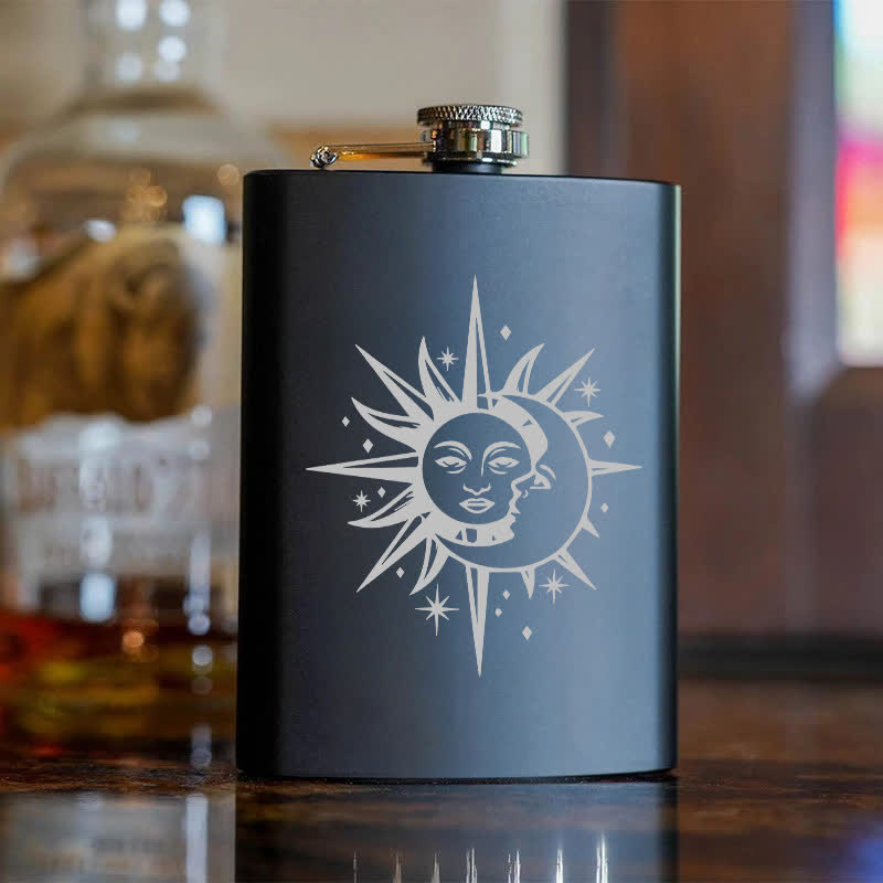 2-10 oz Sun & Moon Laser Pattern Stainless Steel Portable Flask