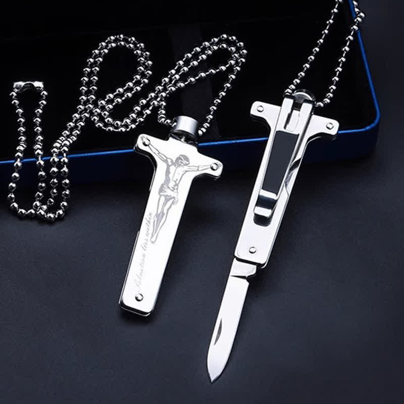 Mini Creative Jesus Holy Cross Pendant Folding Knife Necklace