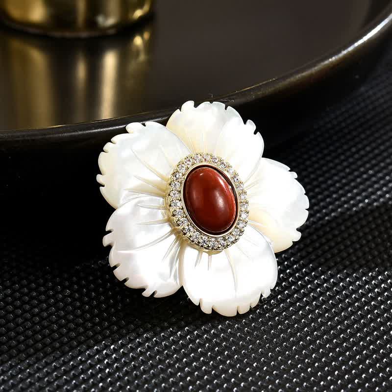 Women's White Natural Shell Flower Red Agate Brooch