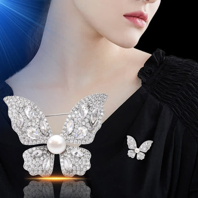 Women's Sparkling Zircon Pearl Butterfly Brooch