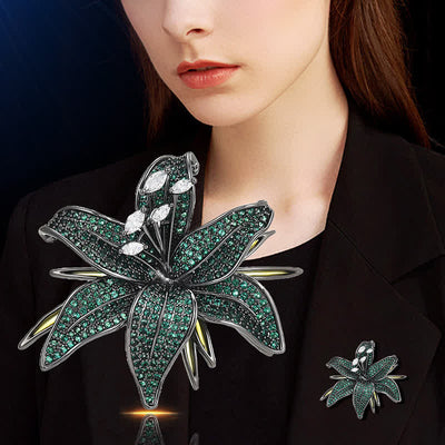 Women's Dark Green Lily Crystal Zircons Inlaid Brooch