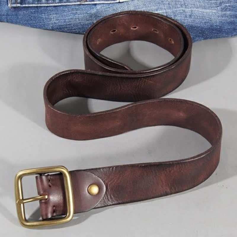 Simple Chic Vintage Brass Square Buckle Leather Belt