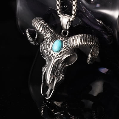 Blue Turquoise Ram Horn Head Pendant Necklace