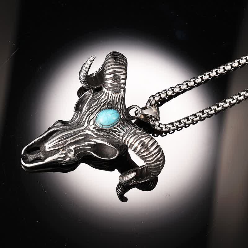 Blue Turquoise Ram Horn Head Pendant Necklace