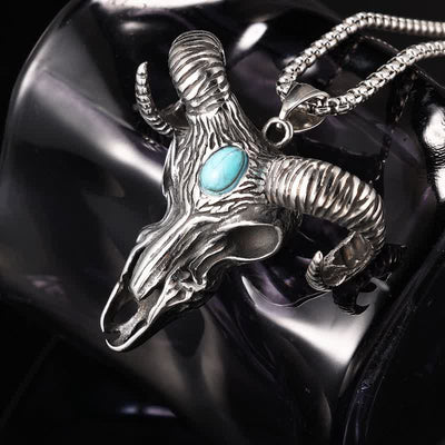 Blue Turquoise Ram Horn Head Pendant Necklace