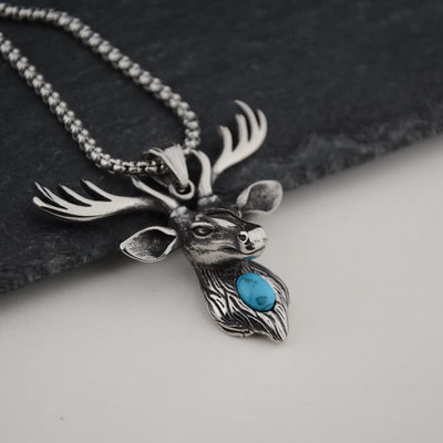 Blue Turquoise Elk Deer Head Pendant Necklace