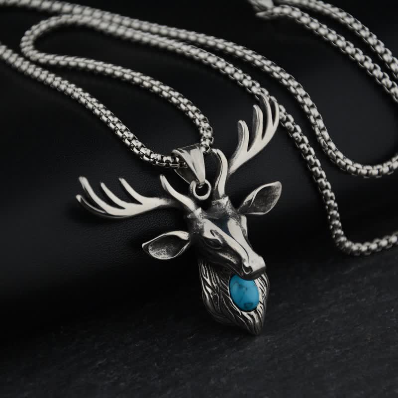 Blue Turquoise Elk Deer Head Pendant Necklace