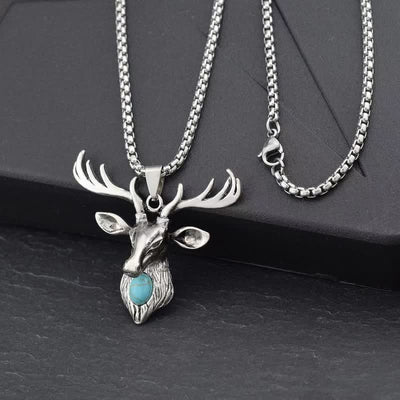 Blue Turquoise Elk Deer Head Pendant Necklace