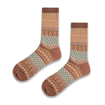 Retro Diamond Ethnic Design Cotton Crew Socks