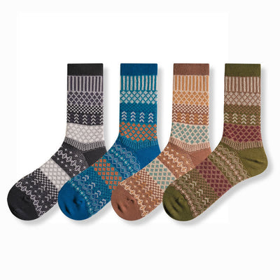 Retro Diamond Ethnic Design Cotton Crew Socks