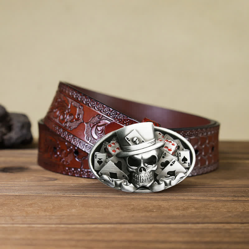 Men's DIY Skull Poker Dice Oval Buckle Leather Belt