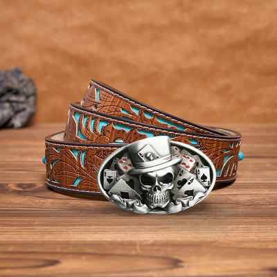 Men's DIY Skull Poker Dice Oval Buckle Leather Belt