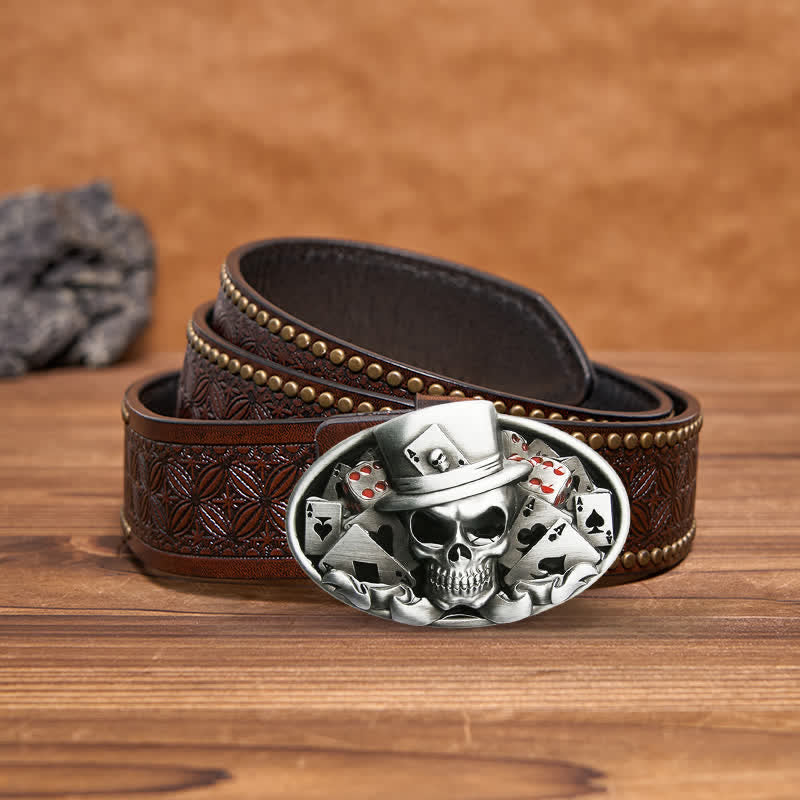 Men's DIY Skull Poker Dice Oval Buckle Leather Belt