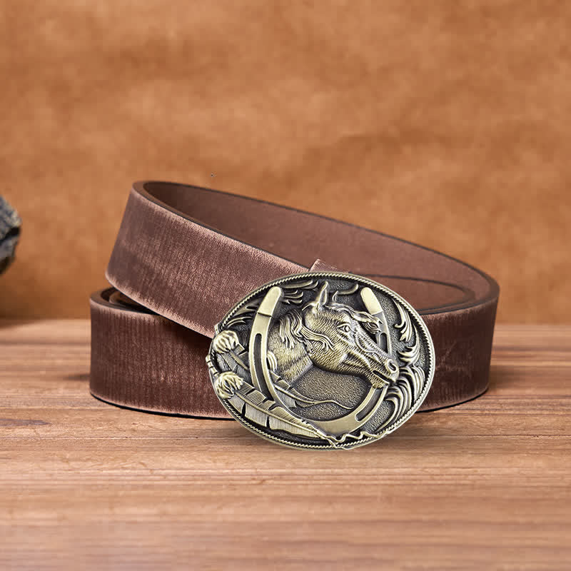 Men's DIY Bronze Horse Horseshoe Buckle Leather Belt