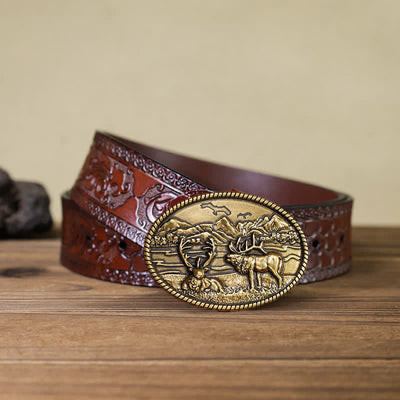 Men's DIY Wildlife Deers Western Style Buckle Leather Belt