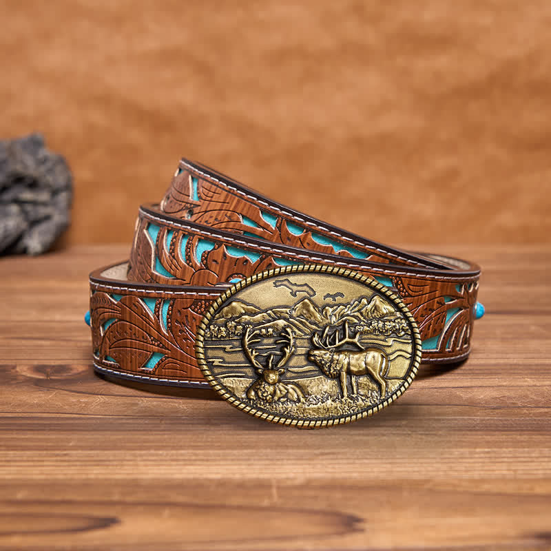 Men's DIY Wildlife Deers Western Style Buckle Leather Belt