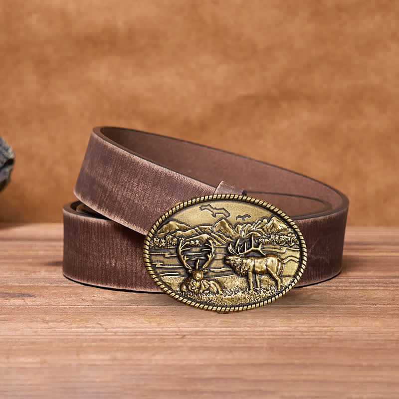 Men's DIY Wildlife Deers Western Style Buckle Leather Belt