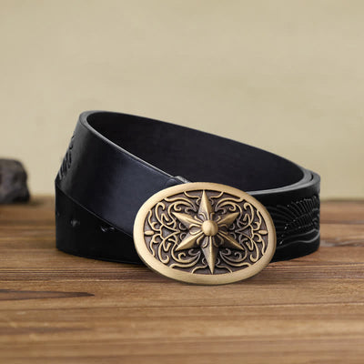 Men's DIY Solid Brass Hexagram Star Buckle Leather Belt