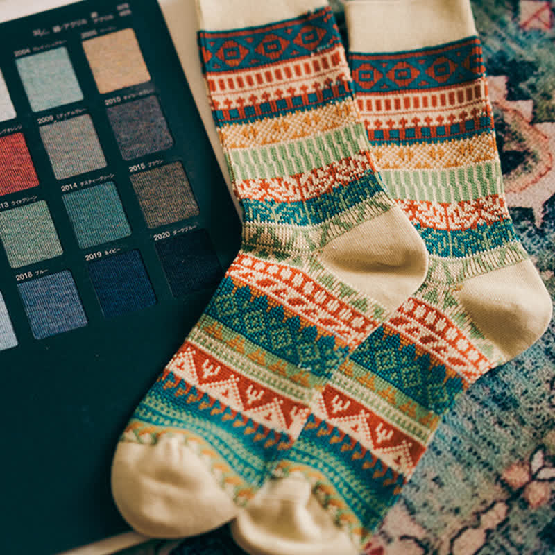 Vibrant Color Ethnic Style Retro Cotton Crew Socks