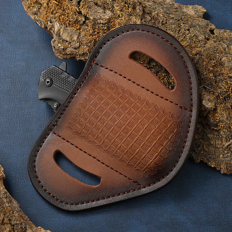 Embossed Weave Pattern Folding Knife Sheath Leather Belt Bag