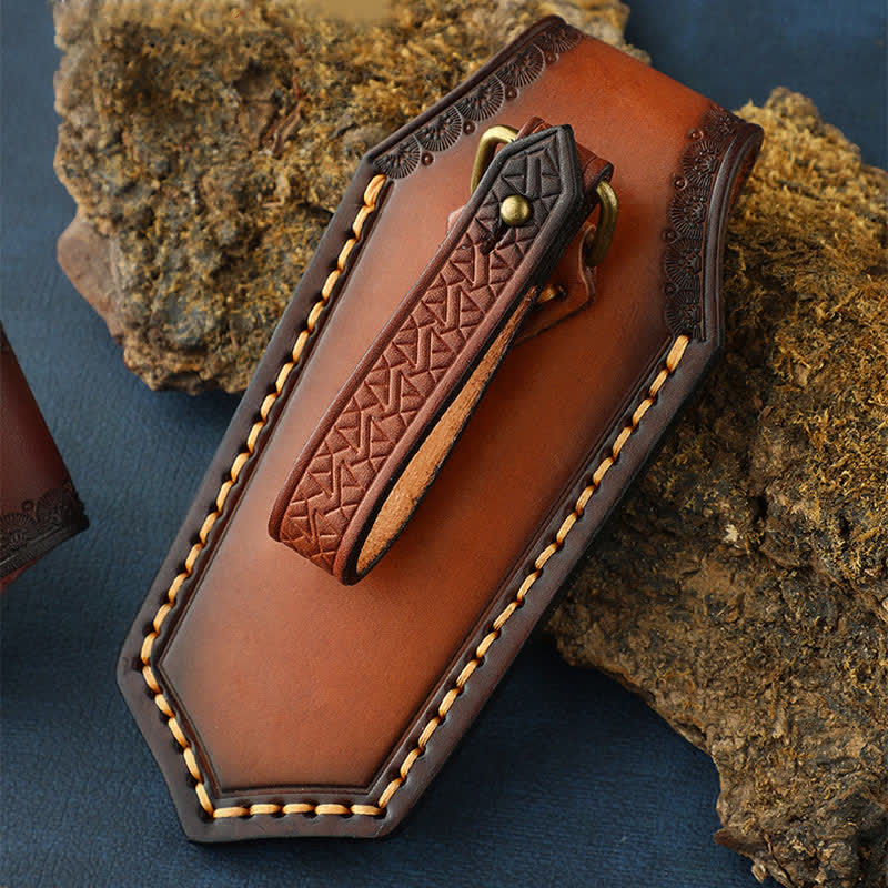 Flip Cover Feather Embossing Folding Knife Sheath Leather Belt Bag