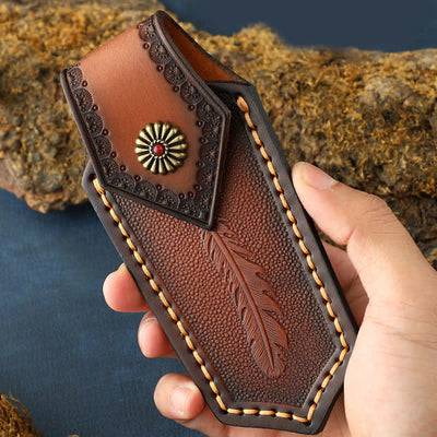 Flip Cover Feather Embossing Folding Knife Sheath Leather Belt Bag