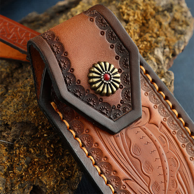 Leaves Embossing Pattern Folding Knife Sheath Leather Belt Bag